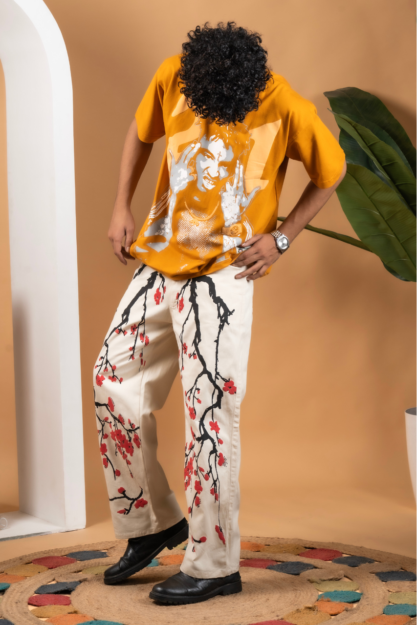 Cerry blossom Flower Cream Denim Pant