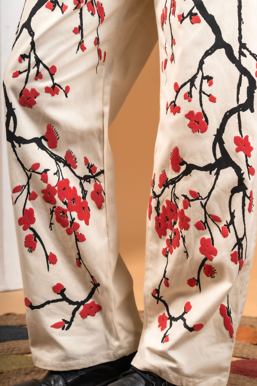 Cerry blossom Flower Cream Denim Pant