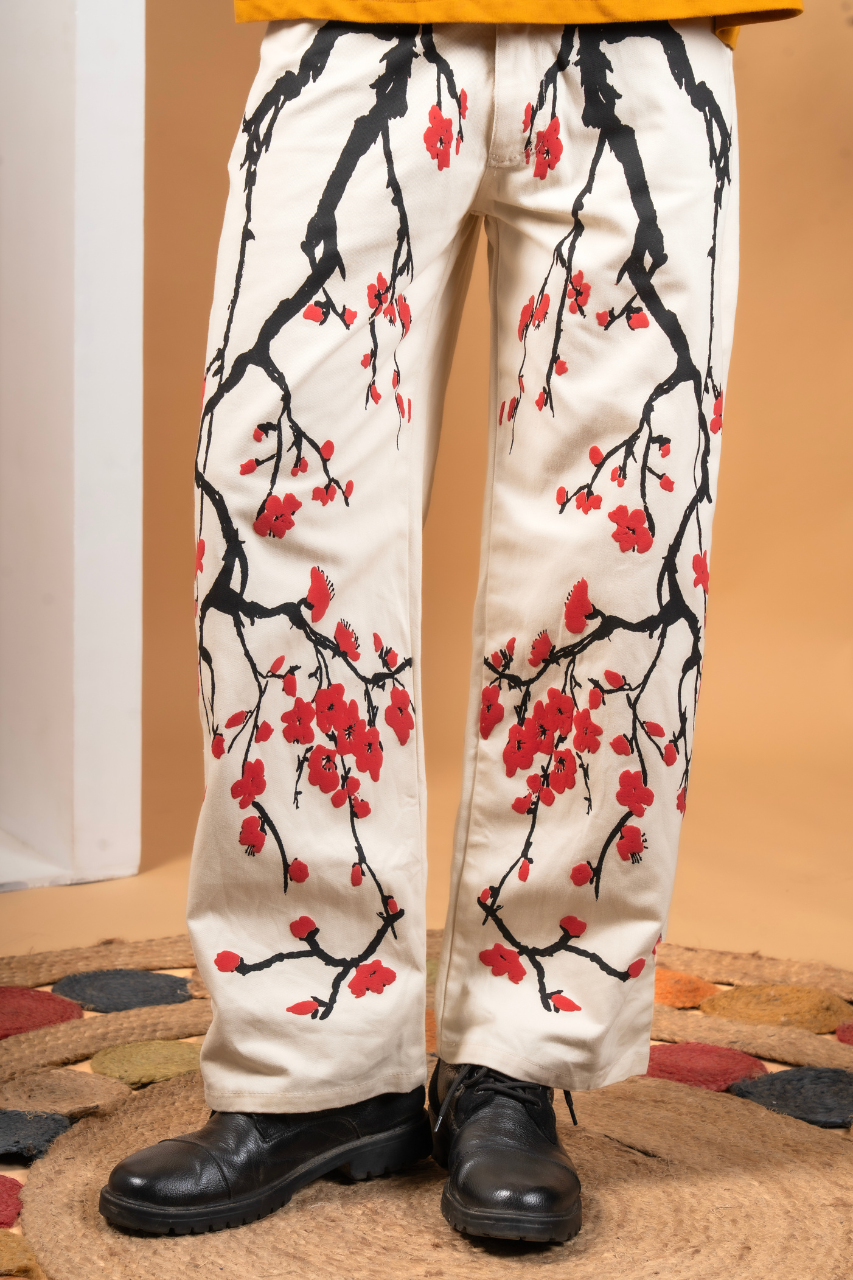 Cerry blossom Flower Cream Denim Pant