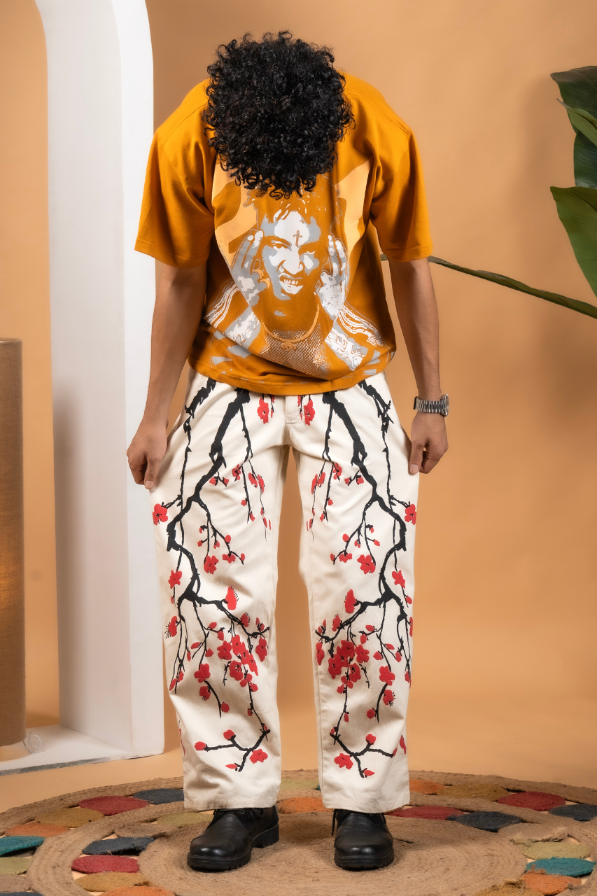 Cerry blossom Flower Cream Denim Pant