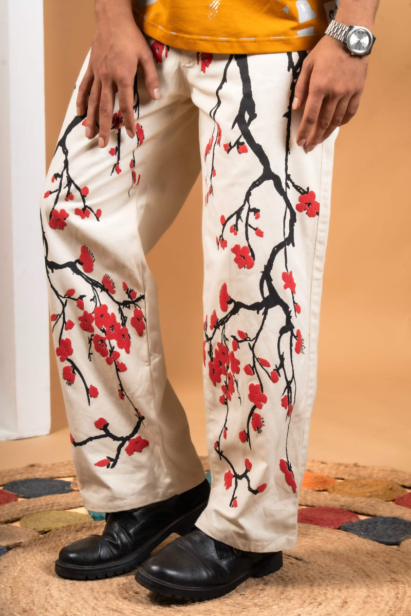 Cerry blossom Flower Cream Denim Pant - mojo ji